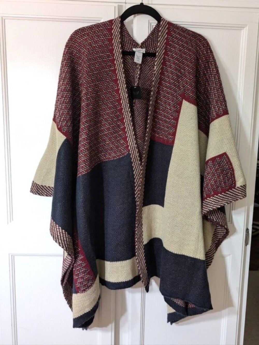 Avenue Cozy Colorblock Knit Poncho - Burgundy, Navy & Cream O/S